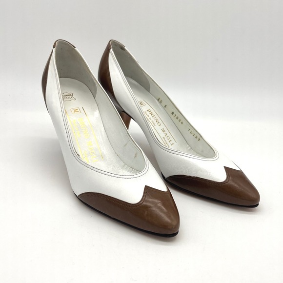 Bruno‎ Magli Leather Pumps Heels Brown White Pointed Toe Italy Size 6 AA - Picture 1 of 8